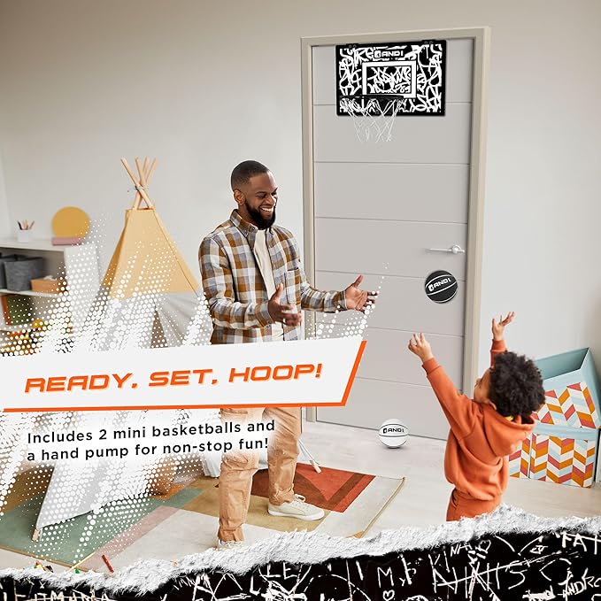 AND1 Over the Door Mini Basketball Hoop: 18x12 Shatterproof Backboard, 2 Mini Basketballs, and Hand Pump Included- Ultimate Indoor Basketball Accessory for Kids and Adults, No Tools Required