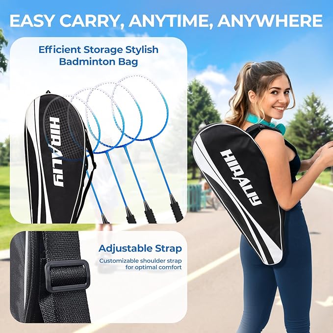 HIRALIY Badminton Rackets Set for Backyards, Lightweight Badminton Set of 2/4, Includ Rackets, Birdies, 1 Carrying Bag, Outdoor Games for Adults Family Kids Beginners