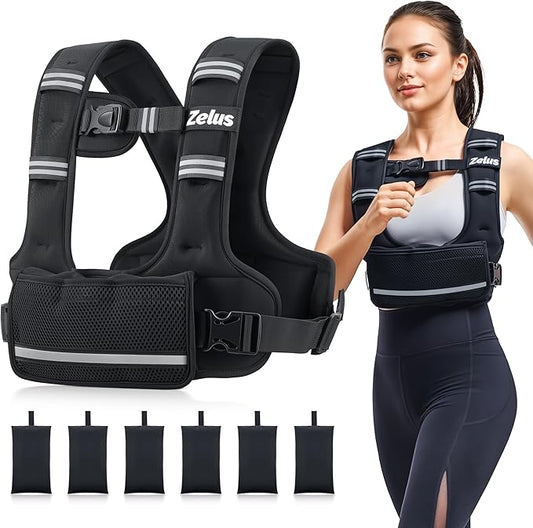 ZELUS Weighted Vest for Women Men, 4-10lb/11-20lb/20-32lb Adjustable Weight Vest with 6 Iron Sand Bags, U-Shaped Rucking Vest with Adjustable Buckle Straps, Workout Vest for Strength Training, Black