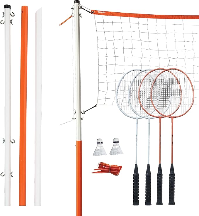 Franklin Sports Badminton Net Sets - Outdoor Backyard + Beach Badminton Net + Equipment Set - (4) Rackets + (2) Birdies + Portable Net Included - Adults + Kids Set