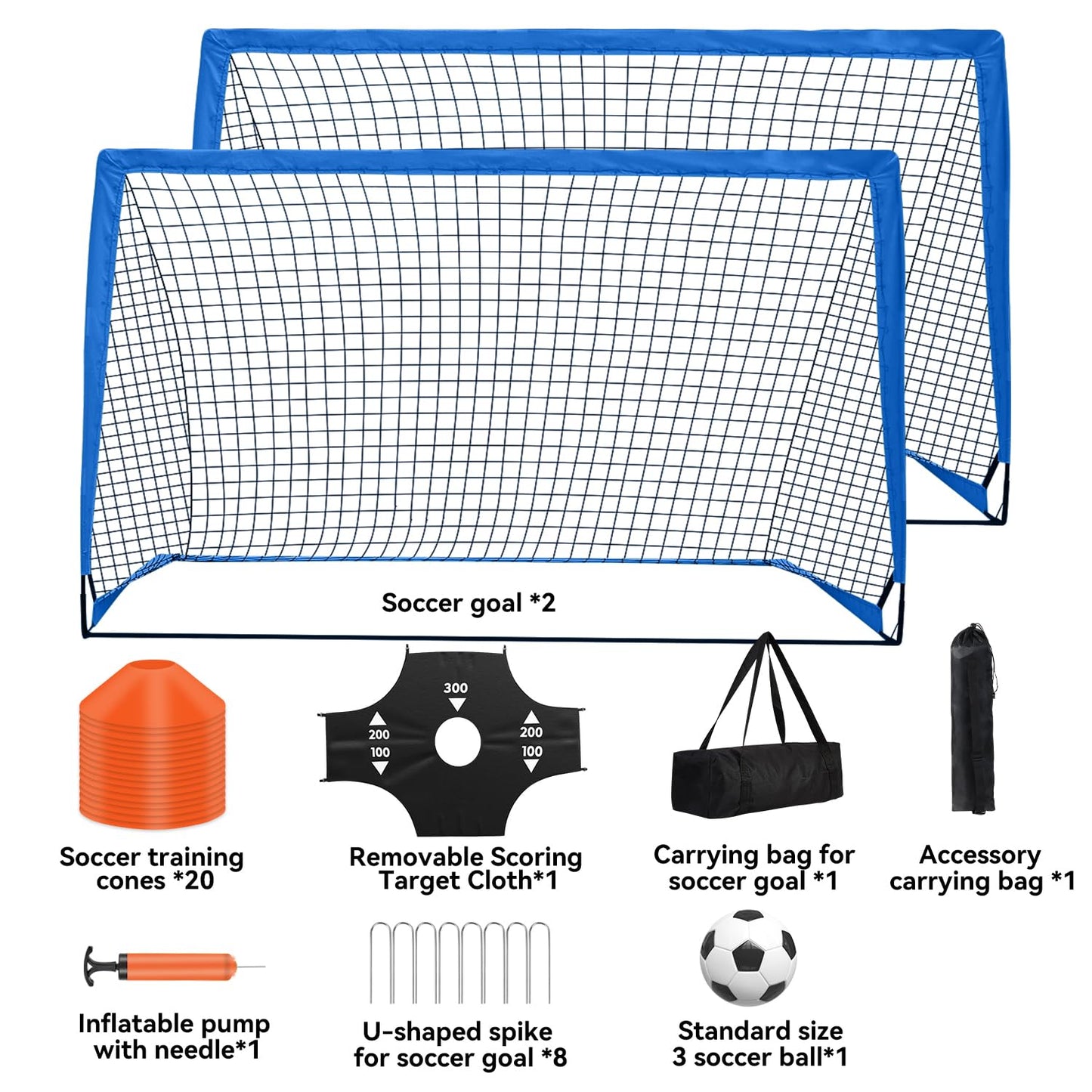 Fololicx Blue Soccer Goals for Backyard, 2 of 6x4ft Kids Soccer Net Training Equipment, Portable Pop Up Toddler Soccer Goal with Soccer Ball, Scoring Target Cloth, and Cones - Fun Youth Outdoor Games