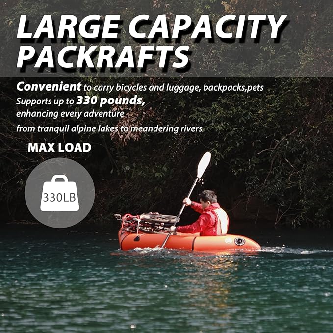 Lightweight Packrafts, TPU Inflatable Kayak for Flat Water Rafting Camping Trip/Fishing/Water Adventures 1 Person/2 Person Packraft, 330lb/660lb Weight Capacity