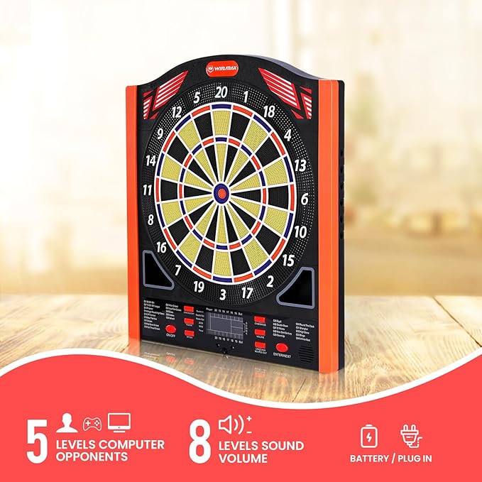 Electronic Dart Board Set, Illuminated Electronic Soft Tip Dartboard with LED Sidelamp, Laser Toe Line, 34 Games with 350 Variations Digital Dartboard Set, up to 8 Players, 5 Levels, Batteries/Adapter
