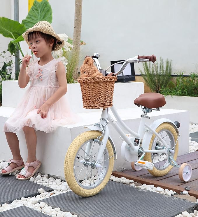 Glerc Little Molly 12-20 Inch Kids Retro Cruiser Bike for 2-13 Year Old with Wicker Basket & Training Wheels/Kickstand, Multiple Colors