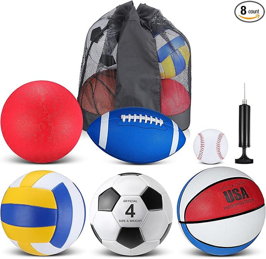 Realspring 6 Pcs Multi Sport Ball Set for Kid Teen Operation Christmas Official Size Football, Basketball, Soccer, Volleyball, Playground Ball, Baseball with Sports Equipment Bag Pump
