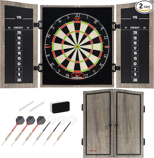 Dartboard Cabinet Set - Easy Assembly One Piece Sports Hemp Dartboard Scoreboard - Play Immediately - 6 Dart Chalk Set for Home Game Bar Accessories, Gray