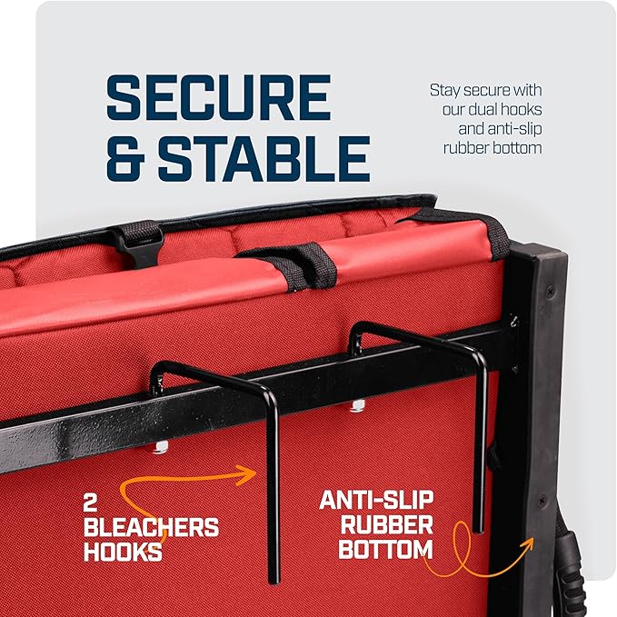 Extra Wide Folding Reclining Stadium Seat with Back Suppot for Bleachers, Bleacher Hooks, Thick Cushion, Cup Holder, Storage Pockets – Portable Chair for Kayak, Canoe, Paddle Board, Concerts, & Sports