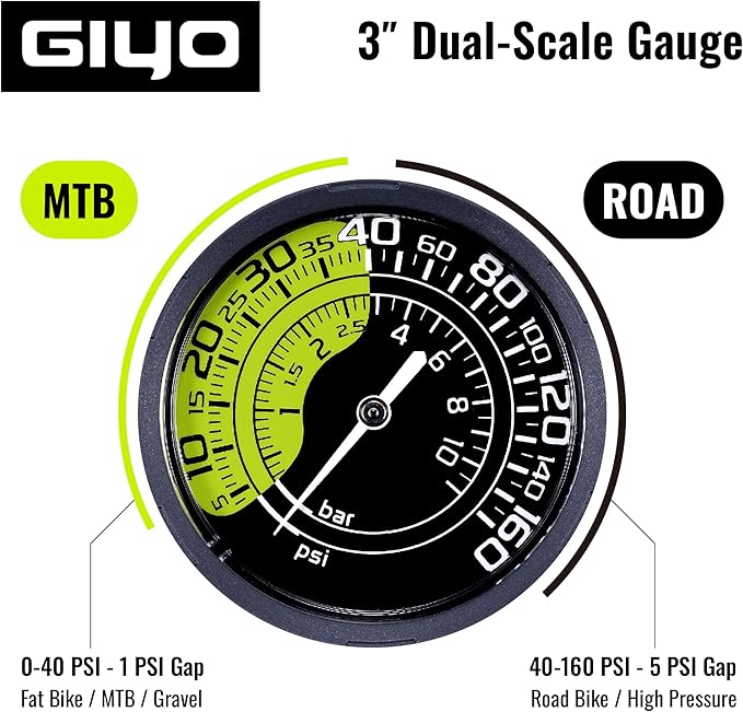 GIYO Bike Floor Pump - 3" Dual Scale Gauge - Road & MTB | One Handed Operation -Clever Valve for Presta & Schrader | Max 160PSI Steel Barrel (GF27)