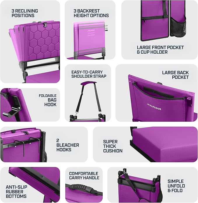 Extra Wide Folding Reclining Stadium Seat with Back Suppot for Bleachers, Bleacher Hooks, Thick Cushion, Cup Holder, Storage Pockets – Portable Chair for Kayak, Canoe, Paddle Board, Concerts, & Sports