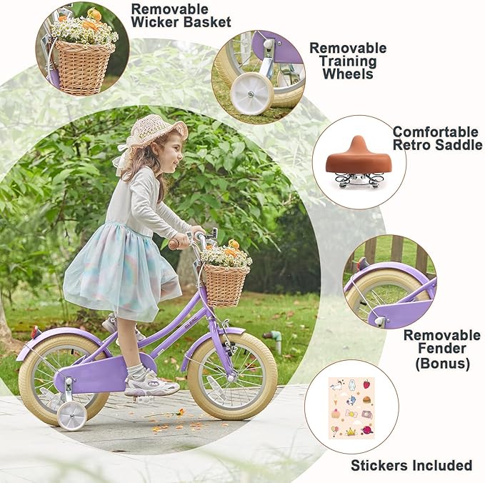 Glerc Little Molly 12-20 Inch Kids Retro Cruiser Bike for 2-13 Year Old with Wicker Basket & Training Wheels/Kickstand, Multiple Colors