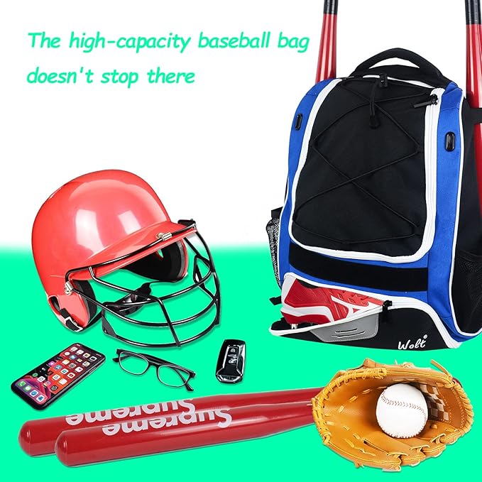 WOLT Youth Baseball Bag - Bat Backpack for Baseball, T-Ball & Softball Equipment & Gear, Bat & Glove Holder, Large Main Compartment for Helmet & accessories, Separate Shoes Compartment, Fence Hook