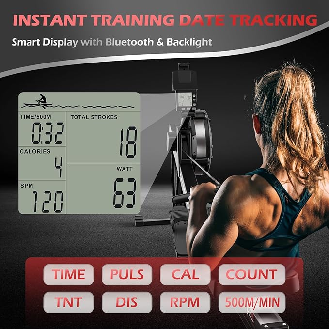 PASYOU Air Rowing Machine for Home 10-Level Resistance 350lb Load Rower Machine Foldable Commercial Row Machines with 47in Rail and Bluetooth Backlit Monitor, Adjustable Device Holder PR70