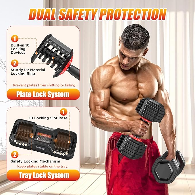 25/52.5/55LBS Adjustable Dumbbells Set with Anti-Slip Handle, Fast Adjust Weight Dumbbells Set with Dual Safety Locking System, Versatile Weights Set for Women & Men Full Body Workout Fitness, Compact Size Space Saving for home gym