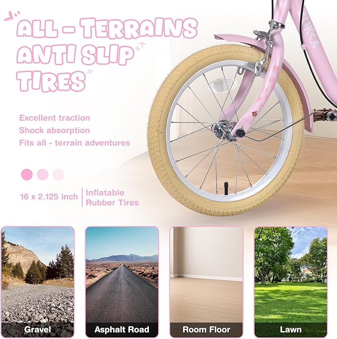 Kids Bike 16 inch Boys Girls Ages 4-7 Years Old Cruiser Bicycle with Woven Basket Single Speed for Youth Caliper Brake Band Brake Rear Rack Included Multiple Colors