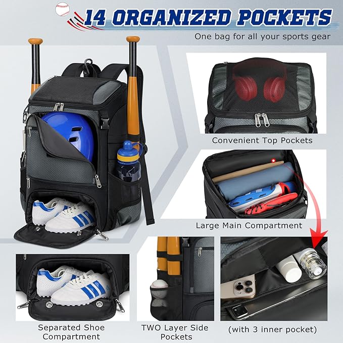 RAINSMORE Baseball Backpack, Lightweight Softball Bag with Shoe Compartment Baseball Bag for Youth & Adult Softball Bat Bag with Fence Hook Helmet Holder Sports Backpack for T-Ball