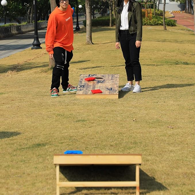 UKASE Solid Wood Regulation Size Cornhole Set Portable Bean Bags Toss Game with Durable Wood Grain Printed Surface and Underneath for Indoor and Outdoor
