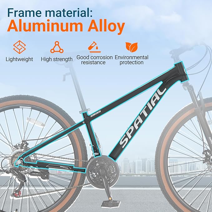 SPATIAL Mountain Bike, 24/26/27.5/29 inch Outdoor Cycling Bike,21/8 Speed Lightweight Aluminum Frame | Dual Disc Brakes,Adjustable Ergonomic Seat for Men Women Adult,MTB Bicycle