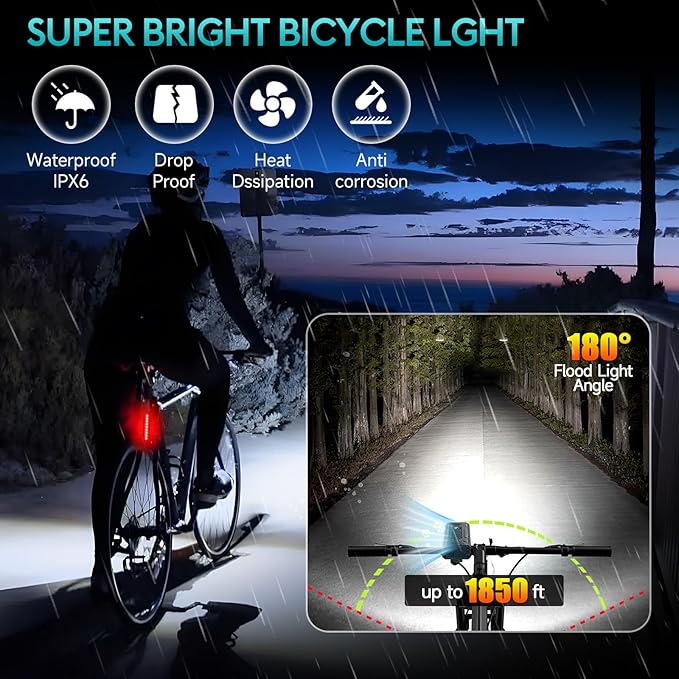 Upgrade Super Bright 6 LED Bike Light for Night Riding,3800 Lumens Aluminum Rechargeable Bicycle Light, 6000 mAh ，Runtime 48+hrs,10 Modes Waterproof Safety Bike Headlight Taillight for Outdoor Cycling