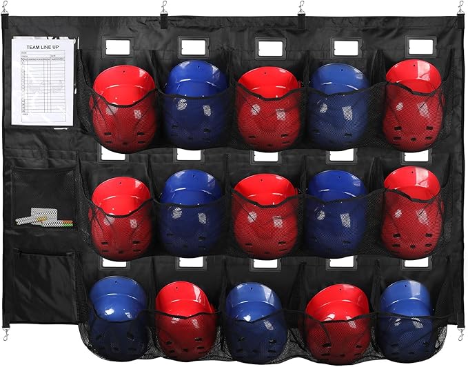 Baseball Dugout Organizer, Hanging Helmet Bag for 15 Players Baseball Softball Team, Helmet Organizer for Dugout Fence Garage, Organize Baseball Equipment, Helmets, Gloves, Bats, Balls