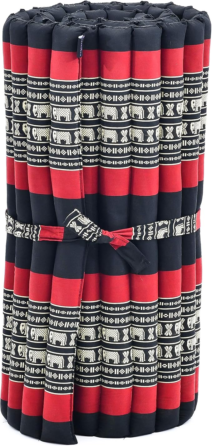 Leewadee - Foldable Floor Mattress - Japanese Roll Up Futon -Trifold Tatami Mat- Guest Floor Bed - Camping Mattress - Thai Massage Mat, Kapok Filled, 75 x 28 inches, Black Red