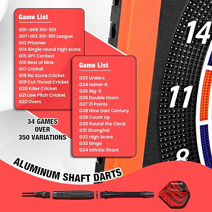Professional Electronic Dartboard Set with Laser Toe Line, 34 Games & 350 Modes, 1-8 Players, Includes 12 Darts, Suitable for Batteries/Adapters