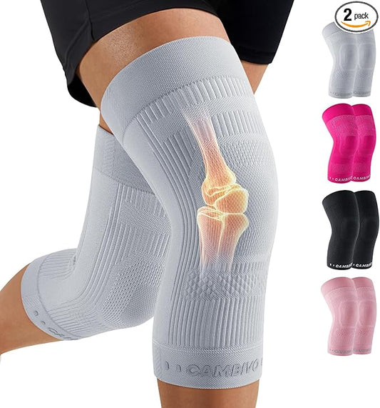 CAMBIVO Elite Motion Series Knee Brace for Women and Men (2 Pack), Ultra-Thin Lightweight Knee Compression Sleeve with Reflective Design for Pain Relief, Running, Workouts, Daily Use (Gray, Large)