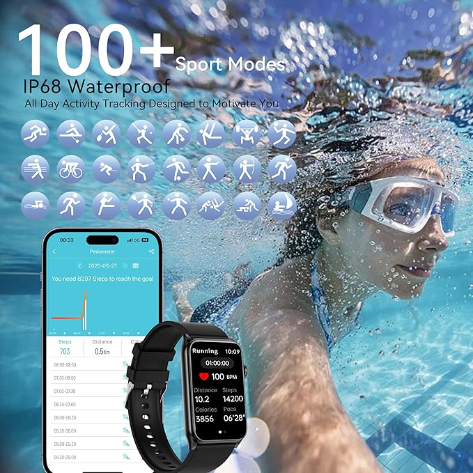 KPEP Health Fitness Watch with LED Flashlight, 24/7 Stress/Blood Pressure/SpO2/Heart Rate/Sleep Monitor, 100+ Sport Modes Calorie Counter Pedometer IP68 Waterproof Fitness Tracker for Men Women, Black