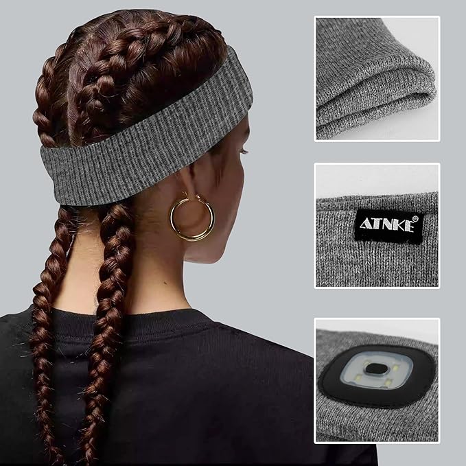 ATNKE 4 LED Lighted Sport Sweatband,USB Rechargeable Running Head Band Lamp High Stretch Wicking Gifts for Men and Women