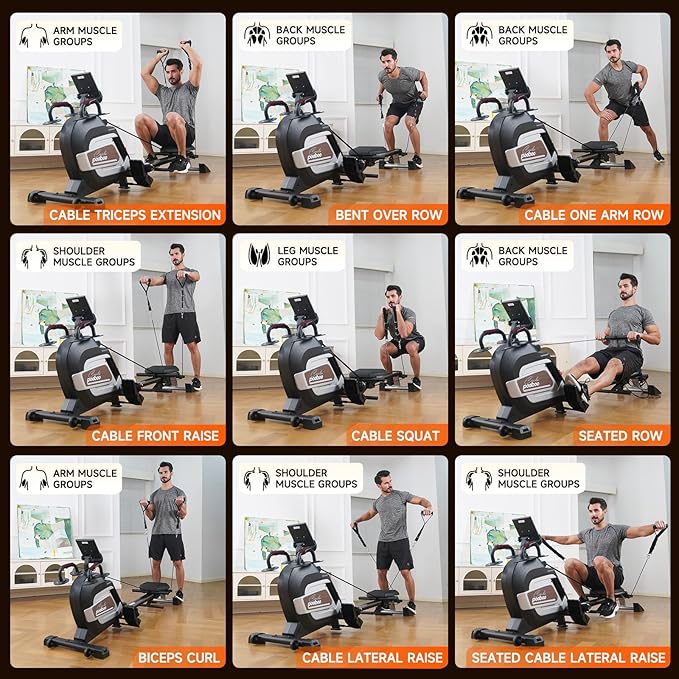 Pooboo Magnetic Rowing Machine 360 LB Weight Capacity, folding rower with Combination Strength exercise, Tablet Holder and Comfortable Seat Cushion, Rower for Home Use