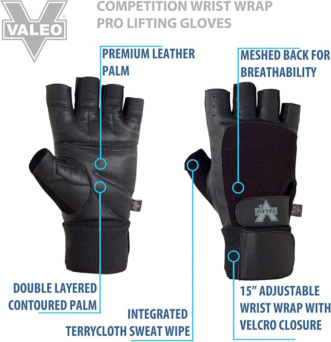 Valeo Competition Wrist Wrap Lifting Gloves with Durable Leather Construction, Reinforced Stitching, and Double Leather Padded Palms