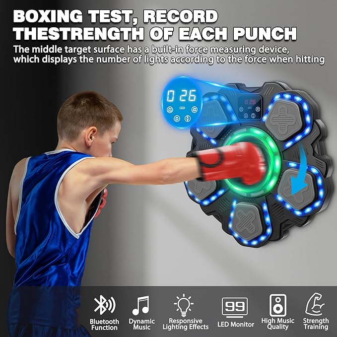 Music Boxing Machine with Force Measuring, Wall Mounted Bluetooth Punching Boxing Pad with Boxing Gloves,Home Gym Boxing Equipment Stress Relief, Sport Toys Gifts for Kids Adult Men Boy Girl, Age14-99