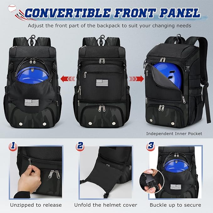 RAINSMORE Baseball Backpack, Lightweight Softball Bag with Shoe Compartment Baseball Bag for Youth & Adult Softball Bat Bag with Fence Hook Helmet Holder Sports Backpack for T-Ball