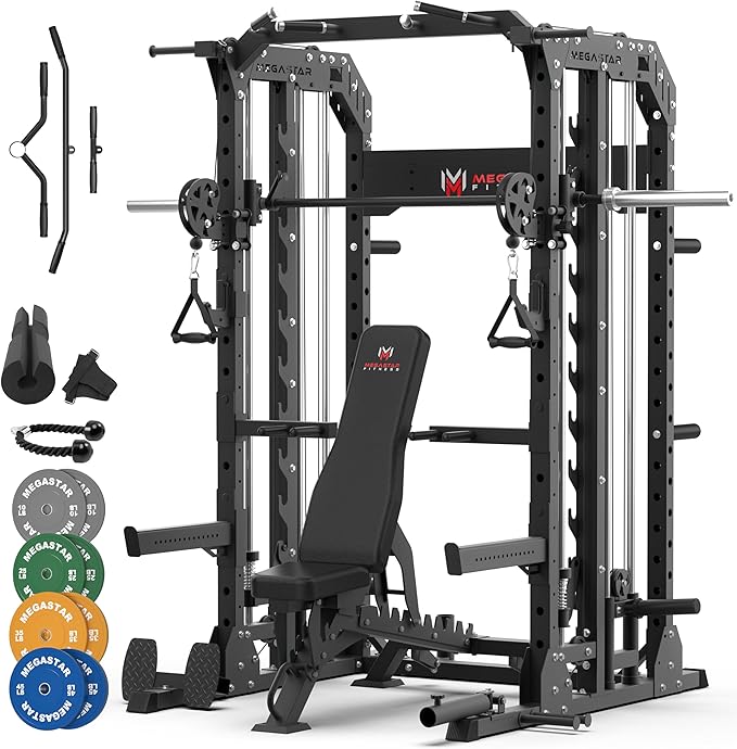 Smith Machine Home Gym with Aluminum Pulley Set- 2000lbs Capacity All-in-One Power Rack with Cable Crossover, Pull-Up Bar & Dip Station, Includes 18 Attachments, P107 Anvil