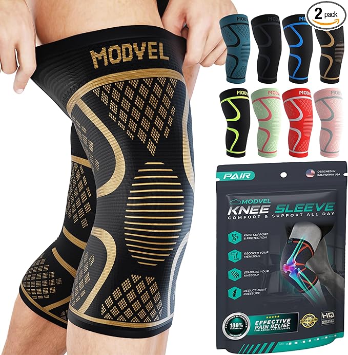Modvel 2 Pack Knee Brace for Women & Men - Workout Knees Compression Sleeve for Knee Pain Relief Joint Support for ACL, Arthritis, Meniscus Tear Knees Brace for Sports, Rodilleras para Gym Fitness