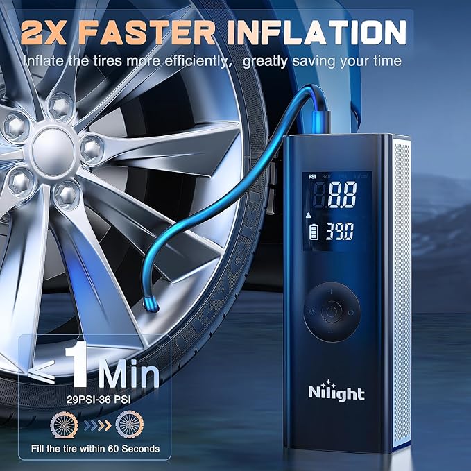 Nilight Tire Inflator Portable Air Compressor Battery Powered Rechargeable 12VDC 150PSI Cordless Tire Pump w/Digital Pressure Gauge 2X Faster Inflation Air Pump for Car Motorcycle