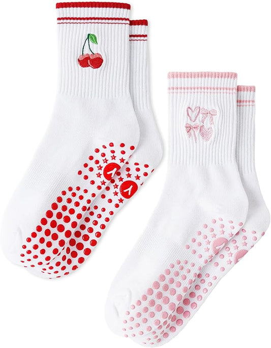 Yawlsow Pilates Grip Socks for Women Yoga Grippy Socks Cute Barre Non Skid Athletic Crew Sticky Sock Workout Hospital