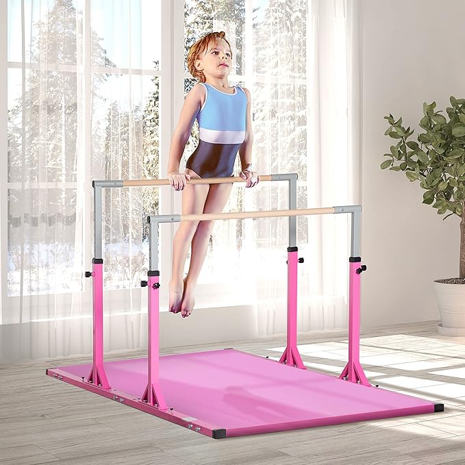 Qaba Double Horizontal Bars, Junior Uneven Bars Gymnastics for Home with 13-Level 36"-59" Adjustable Heights, 6-Level Adjustable Width - Pink