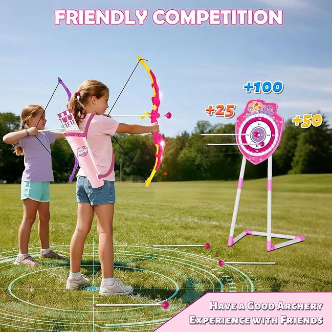 VATOS 2 Pack Bow and Arrow Toy with LED Light - 4 in 1 Archery & Dart Game Set with 20 Suction Cup Arrows, Mermaid Glow Target & Dart Board - Indoor/Outdoor Birthday Gift for Kids Boys Girls Ages 5-12