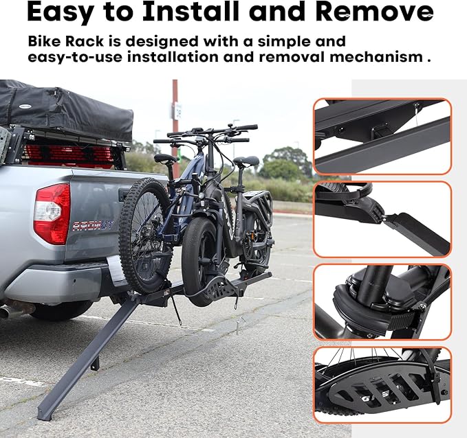 EBike Rack with Ramp, 200 lbs Capacity Heavy Bike Rack Electric Bike Carrier for 2 E-Bike, Foldable Bike Racks for Tow Hitch Up to 5-inch Fat Tire 2'' Receiver