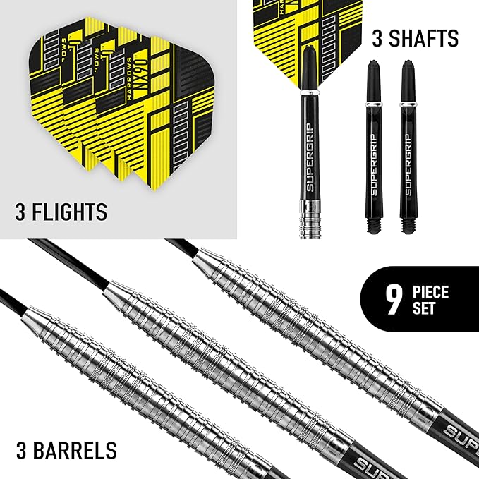 Harrows NX90 Darts, 90% Tungsten Steel Tip Darts Set, Includes High-Grade Shafts, Aerodynamic Dart Flights, Available in Sizes 21g, 22g, 23g, 24g, 25g & 26g