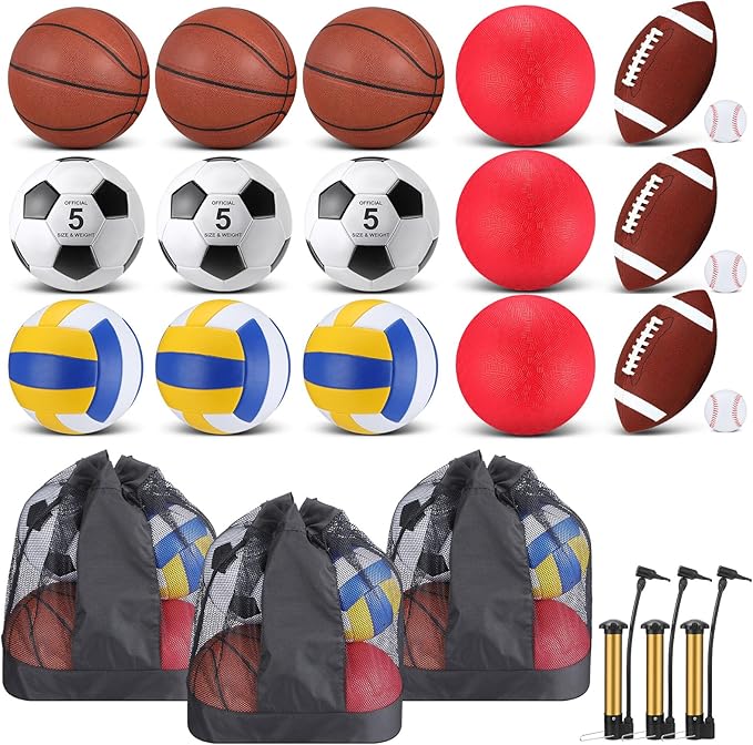 Leyndo 18 Pcs Sport Balls Bulk Set Basketball Football Volleyball Soccer Playground Baseball with Sport Equipment Bag Pump for Youth Adults Outdoor Indoor Practice Gift Back to School