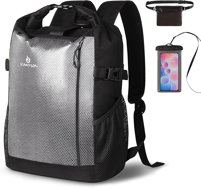 Dry Bag Backpack,25L Dry bags waterproof Kayaking, Waterproof bag with Waist Pouch and Phone Case,Waterproof Backpack Marine dry bag for Kayaking, Beach, Rafting, Boating (Black)