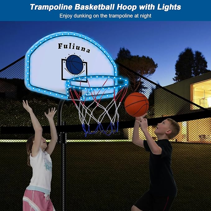 Trampoline Basketball Hoop with LED Lights, Solar Powered Basketball Hoop for Trampoline Fits for Straight Pole & Curved Pole, Trampoline Basketball Hoop Attachment with Mini Ball and Pump.
