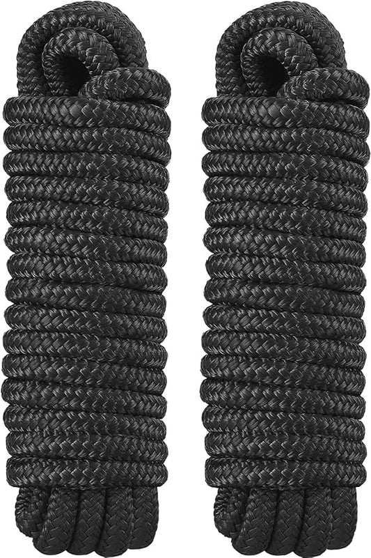 2 Pack 3/4" x 30' Dock Lines - Marine Grade Nylon Boat Rope with 18" Loop for Docking and Mooring - Double Braided Boat Lines, High Strength, Easy Handling, Heavy Duty, Fray Resistant - Black