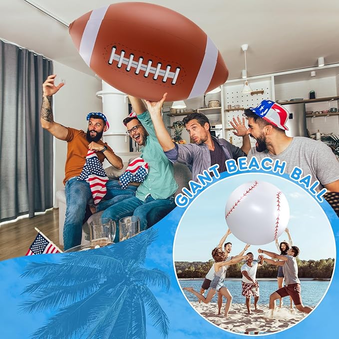 Lewtemi Giant Inflatable Sports Balls Large Inflatable Beach Ball Baseballs Soccer Rainbow Basketball Football for Sport Birthday Party Favor(2 Pcs,Baseball, Football,27 Inch)