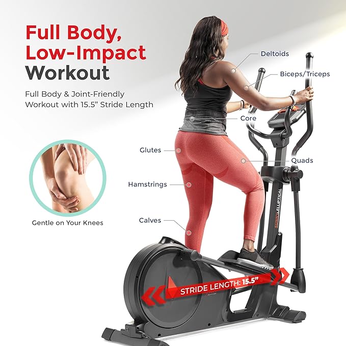 Sunny Health & Fitness Programmable 16 Electro-Magnetic Elliptical Cross Trainer Exercise Machine, Full-Body Cardio Equipment w/ 24 Pre-Built Workouts, 330LB Capacity,Optional Free SunnyFit App Link