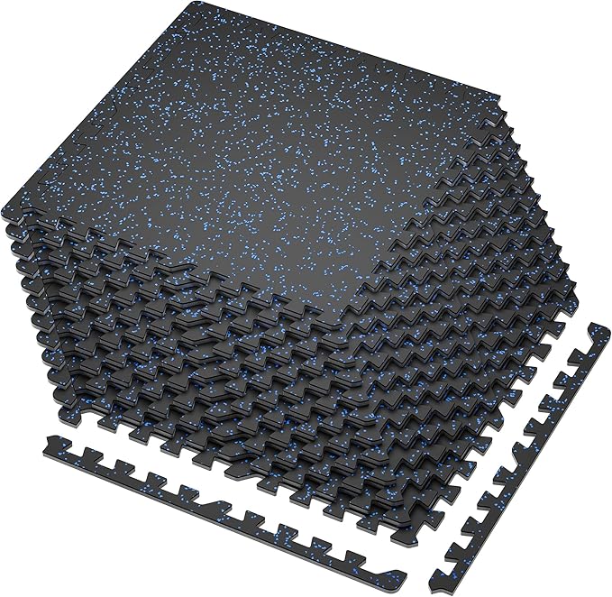 SUPERJARE 0.4'' Thick 12 Pcs 48 Sq Ft Rubber Top Exercise Equipment Mats, High Density EVA Foam Mats with Rubber Top, Interlocking Gym Flooring for Home Gym, Protective Workout Mat, Black/Blue