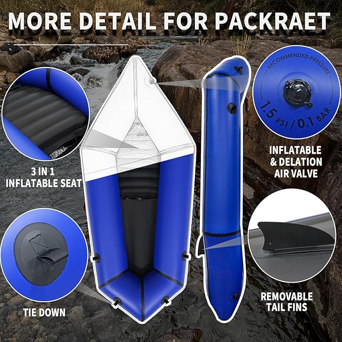 Lightweight Packrafts, TPU Inflatable Kayak for Flat Water Rafting Camping Trip/Fishing/Water Adventures 1 Person/2 Person Packraft, 330lb/660lb Weight Capacity