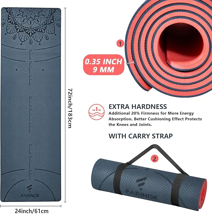 Yoga Mat Extra Thick 9MM, High Density Exercise Mats Non Slip for Home Workout, Pilates Mat with Strap for Women Men, Eco Friendly Mat Thick (9MM-NAVY-BLUE)