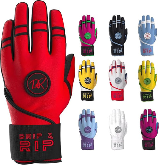 Drip & Rip Baller Series - Youth Batting Gloves + Adult Batting Gloves - for Softball and Baseball - Long Cuff Style for Men and Youth